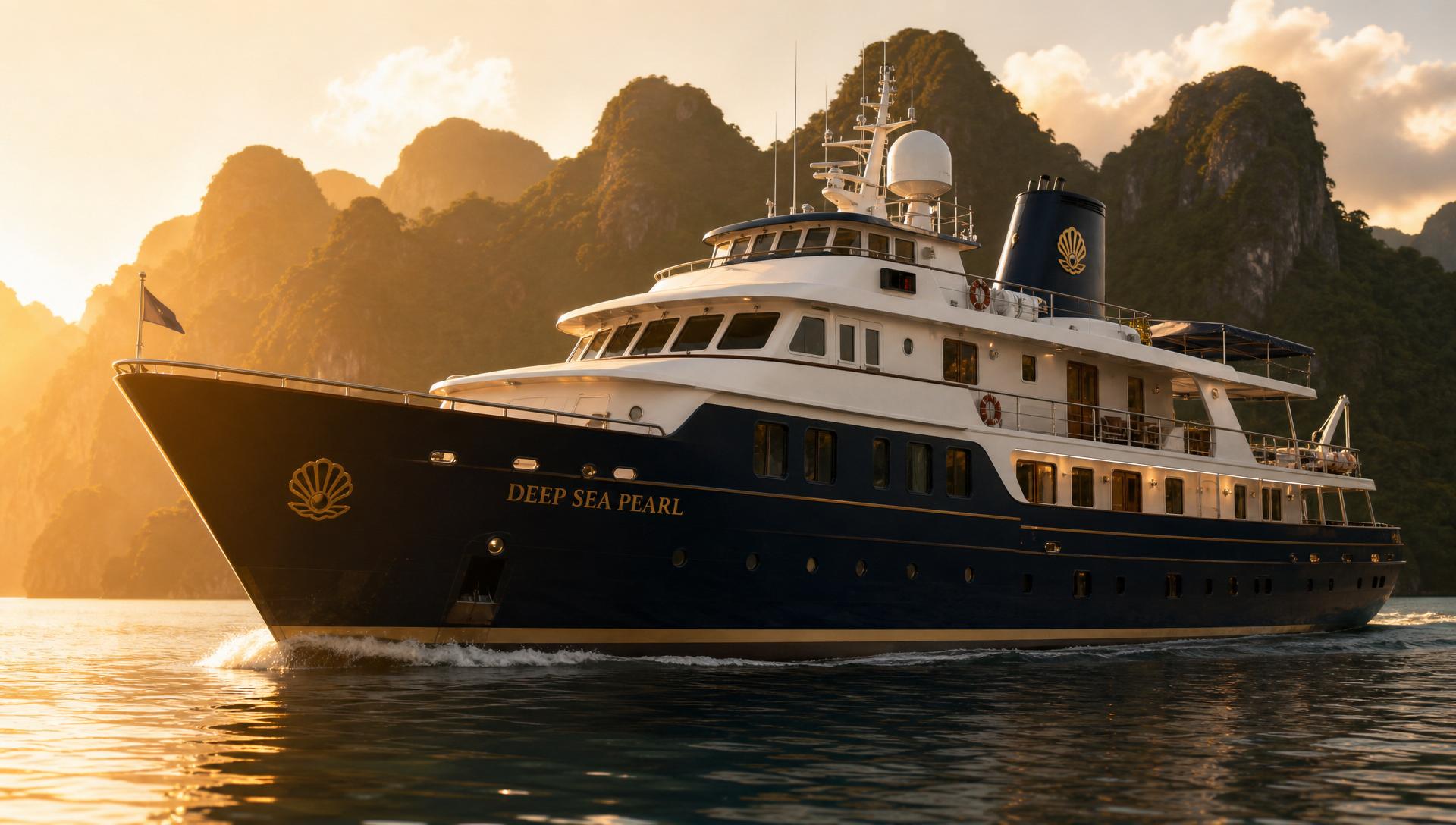 Deep Sea Pearl private liveaboard yacht cruising Palawan waters at golden hour